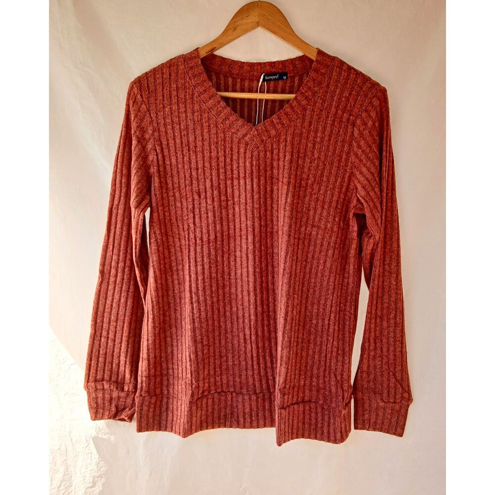 Sampeel Women's Ribbed Knit V-Neck Long Sleeve Pullover Sweater Rust M